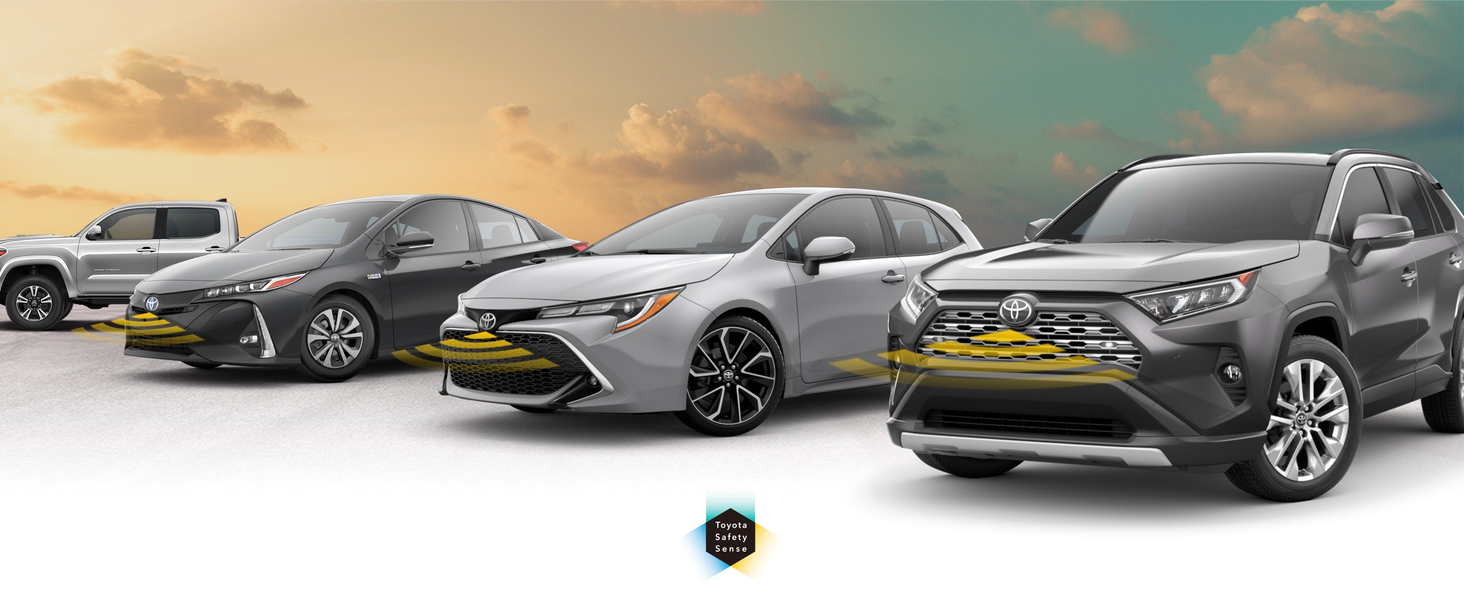 Toyota Safety Sense: Designed for Safety. Options shown on Toyota models including RAV4, Tacoma, and Camry, available now at Toyota South Atlanta in Morrow GA.